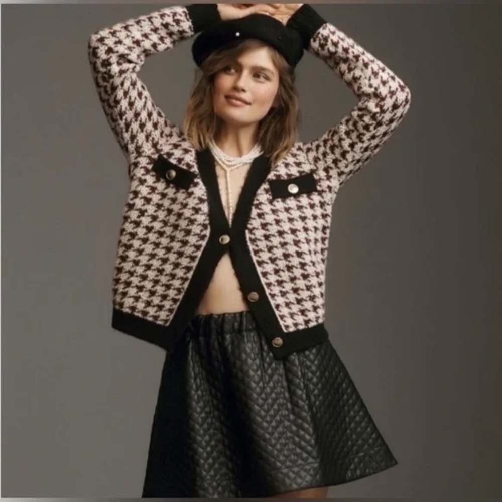 Maeve X Anthropologie Houndstooth Cardigan Sweater Old Money Preppy Size L NWT